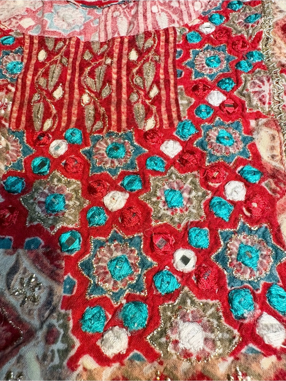 India Red patchwork crinkle boho midi dress d4 - Picture 8 of 10